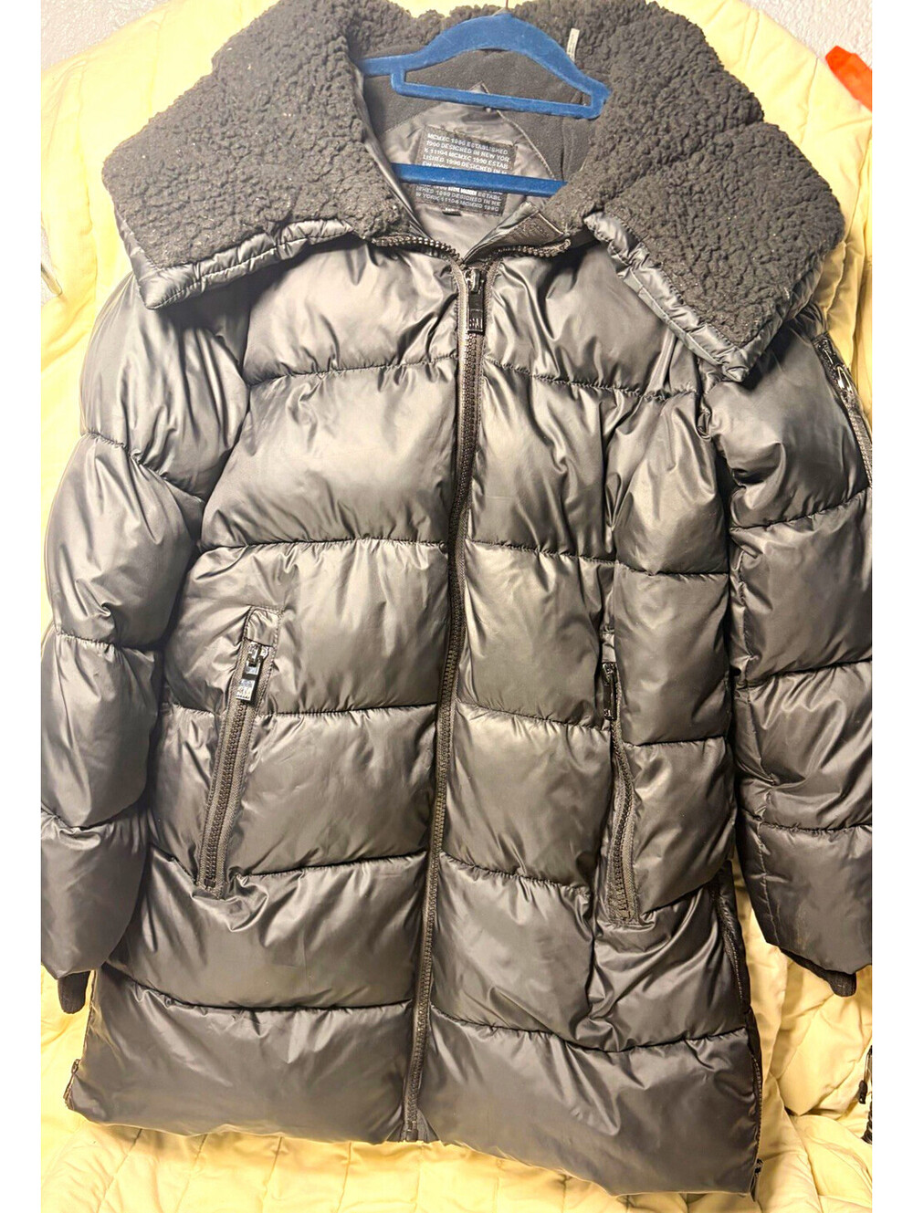 Steve Madden Men's Black Long Hooded Puffer Jacket M Quilted Faux Fur Zip